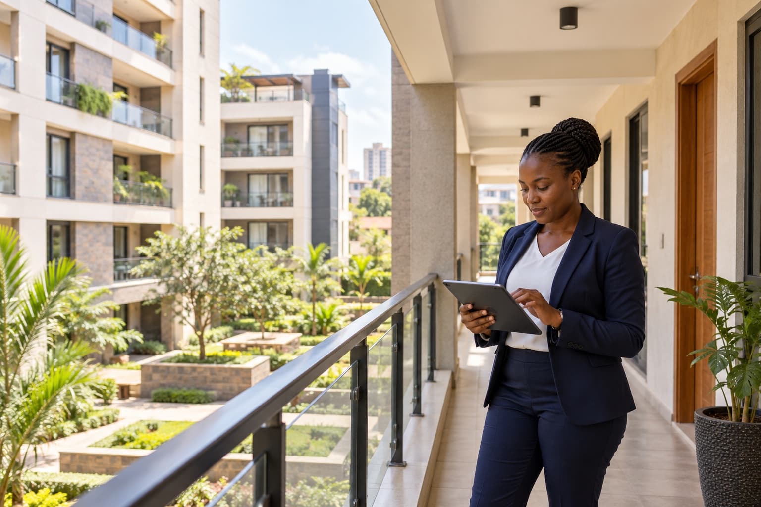 A property manager reviews rental operations on a tablet in a modern apartment courtyard in Kenya.